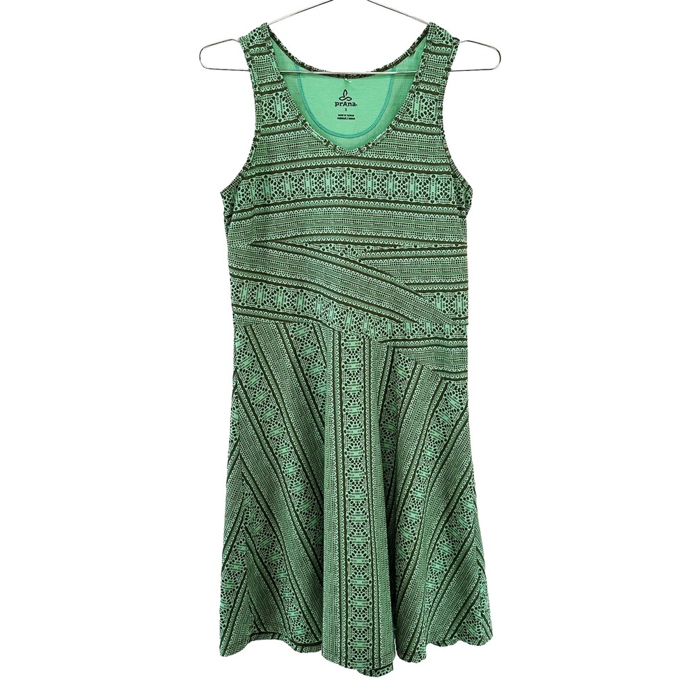 PRANA Jersey Athleisure Casual Dress • Small • green all-over-print • boho chic